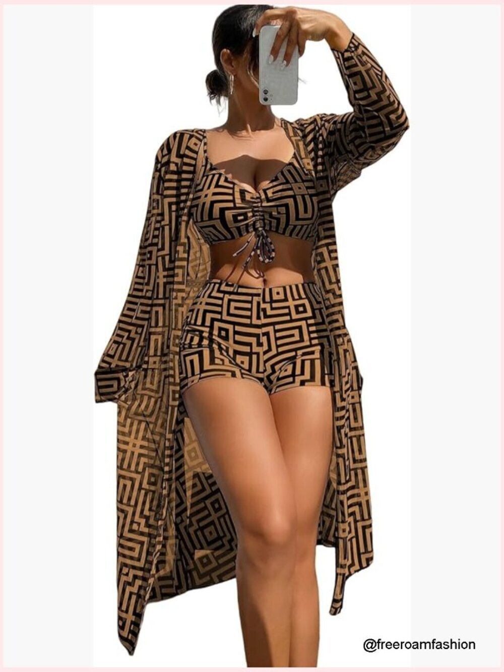 3 Piece Geo Print Bikini Set with Cover Up Kimono Swimsuit